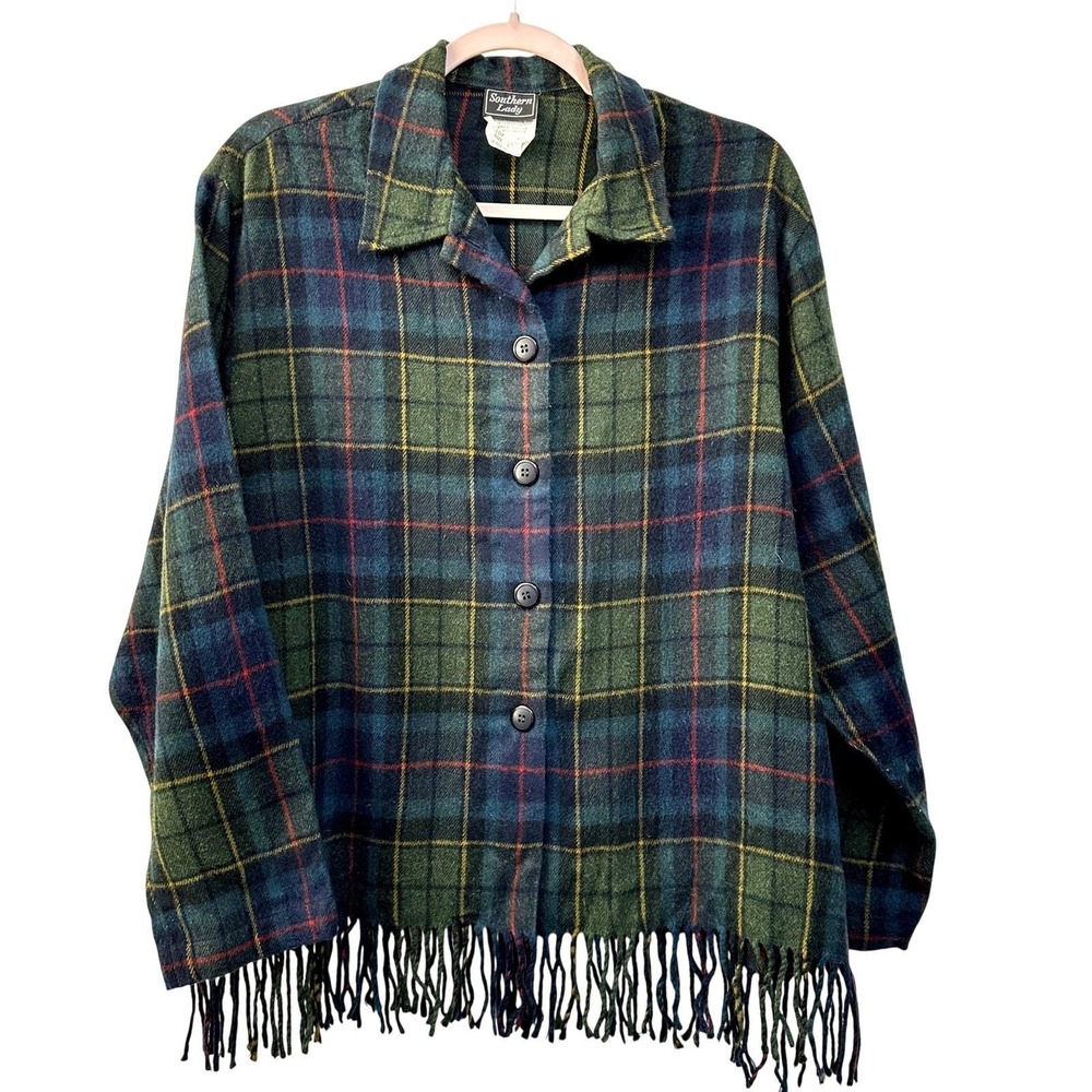 Vintage Southern Lady Green Plaid Western Fringe Hem Shirt Jacket Shacket Large